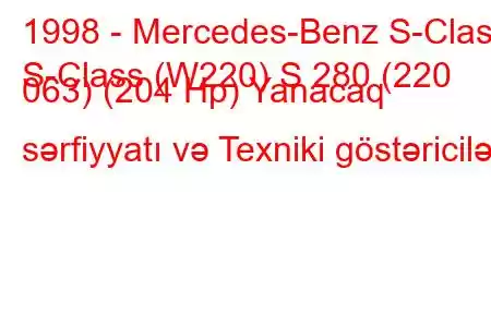 1998 - Mercedes-Benz S-Class
S-Class (W220) S 280 (220 063) (204 Hp) Yanacaq sərfiyyatı və Texniki göstəricilər