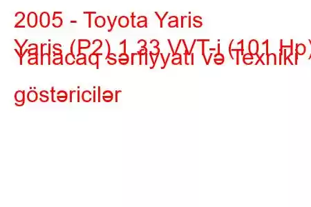 2005 - Toyota Yaris
Yaris (P2) 1.33 VVT-i (101 Hp) Yanacaq sərfiyyatı və Texniki göstəricilər