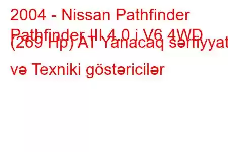 2004 - Nissan Pathfinder
Pathfinder III 4.0 i V6 4WD (269 Hp) AT Yanacaq sərfiyyatı və Texniki göstəricilər