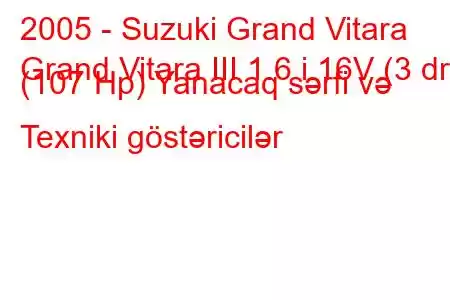 2005 - Suzuki Grand Vitara
Grand Vitara III 1.6 i 16V (3 dr) (107 Hp) Yanacaq sərfi və Texniki göstəricilər