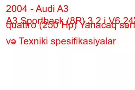 2004 - Audi A3
A3 Sportback (8P) 3.2 i V6 24V quattro (250 Hp) Yanacaq sərfi və Texniki spesifikasiyalar