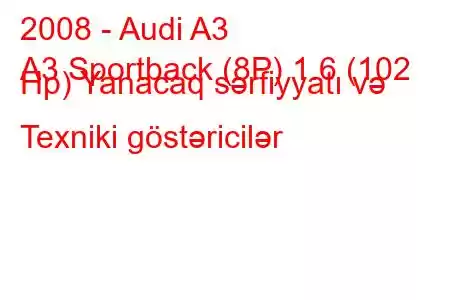 2008 - Audi A3
A3 Sportback (8P) 1.6 (102 Hp) Yanacaq sərfiyyatı və Texniki göstəricilər