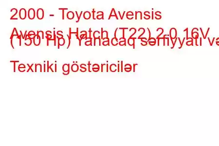 2000 - Toyota Avensis
Avensis Hatch (T22) 2.0 16V (150 Hp) Yanacaq sərfiyyatı və Texniki göstəricilər