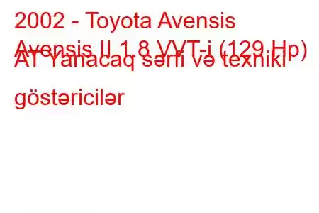 2002 - Toyota Avensis
Avensis II 1.8 VVT-i (129 Hp) AT Yanacaq sərfi və texniki göstəricilər