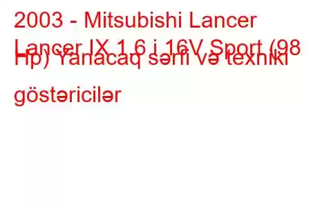 2003 - Mitsubishi Lancer
Lancer IX 1.6 i 16V Sport (98 Hp) Yanacaq sərfi və texniki göstəricilər