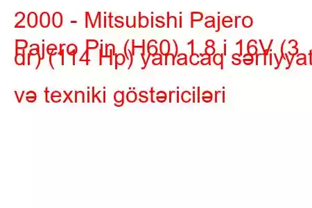 2000 - Mitsubishi Pajero
Pajero Pin (H60) 1.8 i 16V (3 dr) (114 Hp) yanacaq sərfiyyatı və texniki göstəriciləri