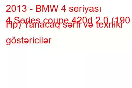 2013 - BMW 4 seriyası
4 Series coupe 420d 2.0 (190 Hp) Yanacaq sərfi və texniki göstəricilər