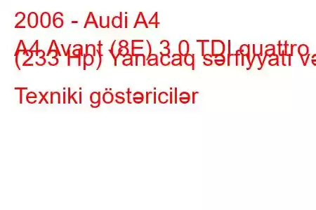 2006 - Audi A4
A4 Avant (8E) 3.0 TDI quattro (233 Hp) Yanacaq sərfiyyatı və Texniki göstəricilər