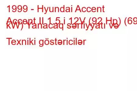 1999 - Hyundai Accent
Accent II 1.5 i 12V (92 Hp) (69 kW) Yanacaq sərfiyyatı və Texniki göstəricilər