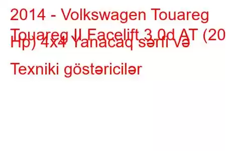 2014 - Volkswagen Touareg
Touareg II Facelift 3.0d AT (204 Hp) 4x4 Yanacaq sərfi və Texniki göstəricilər