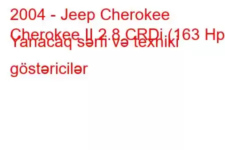 2004 - Jeep Cherokee
Cherokee II 2.8 CRDi (163 Hp) Yanacaq sərfi və texniki göstəricilər