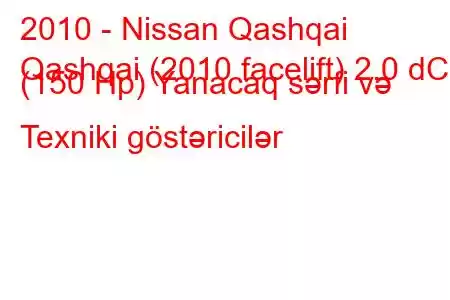 2010 - Nissan Qashqai
Qashqai (2010 facelift) 2.0 dCi (150 Hp) Yanacaq sərfi və Texniki göstəricilər