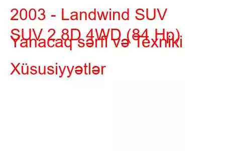 2003 - Landwind SUV
SUV 2.8D 4WD (84 Hp) Yanacaq sərfi və Texniki Xüsusiyyətlər