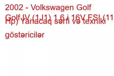 2002 - Volkswagen Golf
Golf IV (1J1) 1.6 i 16V FSI (110 Hp) Yanacaq sərfi və texniki göstəricilər