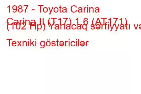 1987 - Toyota Carina
Carina II (T17) 1.6 (AT171) (102 Hp) Yanacaq sərfiyyatı və Texniki göstəricilər