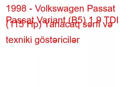 1998 - Volkswagen Passat
Passat Variant (B5) 1.9 TDI (115 Hp) Yanacaq sərfi və texniki göstəricilər