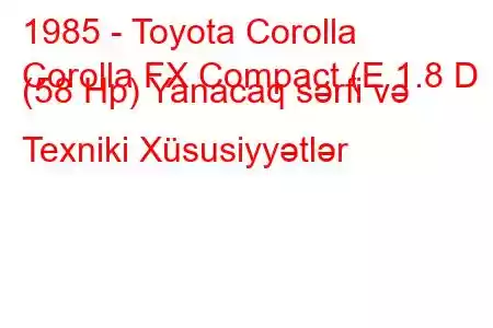 1985 - Toyota Corolla
Corolla FX Compact (E 1.8 D (58 Hp) Yanacaq sərfi və Texniki Xüsusiyyətlər