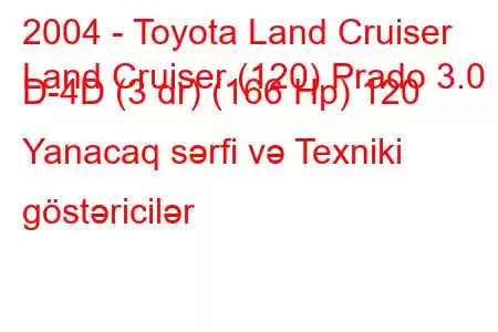 2004 - Toyota Land Cruiser
Land Cruiser (120) Prado 3.0 D-4D (3 dr) (166 Hp) 120 Yanacaq sərfi və Texniki göstəricilər