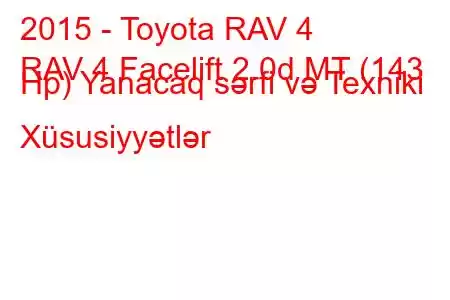 2015 - Toyota RAV 4
RAV 4 Facelift 2.0d MT (143 Hp) Yanacaq sərfi və Texniki Xüsusiyyətlər