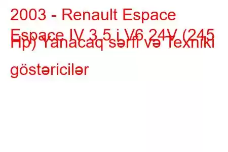 2003 - Renault Espace
Espace IV 3.5 i V6 24V (245 Hp) Yanacaq sərfi və Texniki göstəricilər