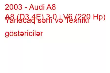 2003 - Audi A8
A8 (D3,4E) 3.0 i V6 (220 Hp) Yanacaq sərfi və Texniki göstəricilər