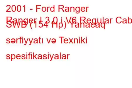 2001 - Ford Ranger
Ranger I 3.0 i V6 Regular Cab SWB (154 Hp) Yanacaq sərfiyyatı və Texniki spesifikasiyalar