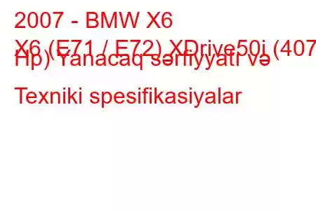 2007 - BMW X6
X6 (E71 / E72) XDrive50i (407 Hp) Yanacaq sərfiyyatı və Texniki spesifikasiyalar