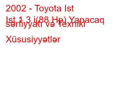 2002 - Toyota Ist
Ist 1.3 i(88 Hp) Yanacaq sərfiyyatı və Texniki Xüsusiyyətlər