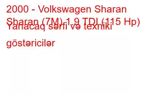 2000 - Volkswagen Sharan
Sharan (7M) 1.9 TDI (115 Hp) Yanacaq sərfi və texniki göstəricilər