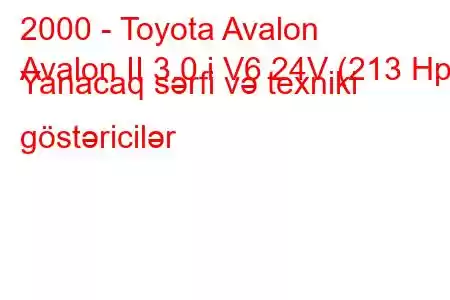 2000 - Toyota Avalon
Avalon II 3.0 i V6 24V (213 Hp) Yanacaq sərfi və texniki göstəricilər