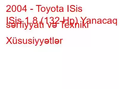 2004 - Toyota ISis
ISis 1.8 (132 Hp) Yanacaq sərfiyyatı və Texniki Xüsusiyyətlər