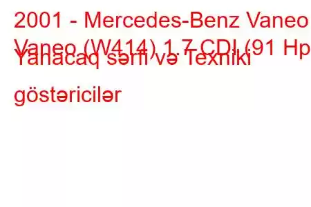 2001 - Mercedes-Benz Vaneo
Vaneo (W414) 1.7 CDI (91 Hp) Yanacaq sərfi və Texniki göstəricilər