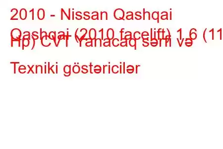 2010 - Nissan Qashqai
Qashqai (2010 facelift) 1.6 (117 Hp) CVT Yanacaq sərfi və Texniki göstəricilər