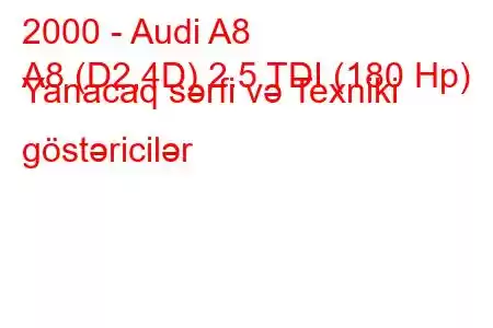 2000 - Audi A8
A8 (D2,4D) 2.5 TDI (180 Hp) Yanacaq sərfi və Texniki göstəricilər