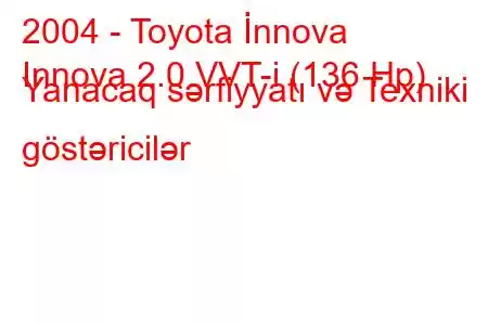 2004 - Toyota İnnova
Innova 2.0 VVT-i (136 Hp) Yanacaq sərfiyyatı və Texniki göstəricilər