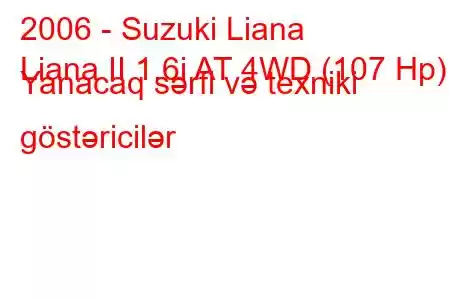 2006 - Suzuki Liana
Liana II 1.6i AT 4WD (107 Hp) Yanacaq sərfi və texniki göstəricilər