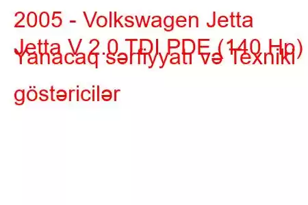 2005 - Volkswagen Jetta
Jetta V 2.0 TDI PDE (140 Hp) Yanacaq sərfiyyatı və Texniki göstəricilər