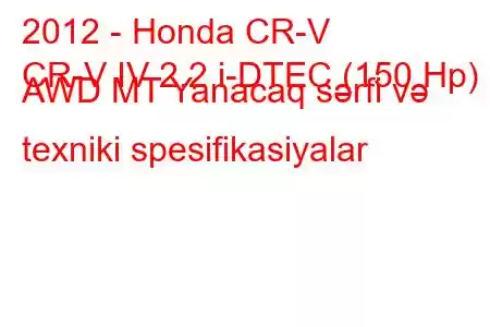 2012 - Honda CR-V
CR-V IV 2.2 i-DTEC (150 Hp) AWD MT Yanacaq sərfi və texniki spesifikasiyalar