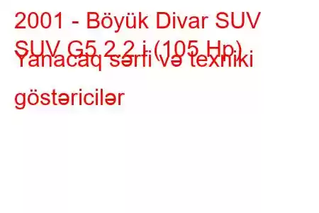 2001 - Böyük Divar SUV
SUV G5 2.2 i (105 Hp) Yanacaq sərfi və texniki göstəricilər