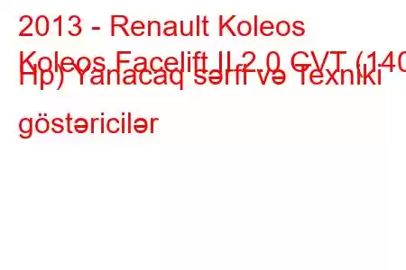 2013 - Renault Koleos
Koleos Facelift II 2.0 CVT (140 Hp) Yanacaq sərfi və Texniki göstəricilər