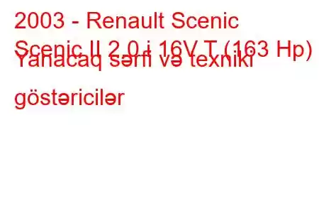 2003 - Renault Scenic
Scenic II 2.0 i 16V T (163 Hp) Yanacaq sərfi və texniki göstəricilər