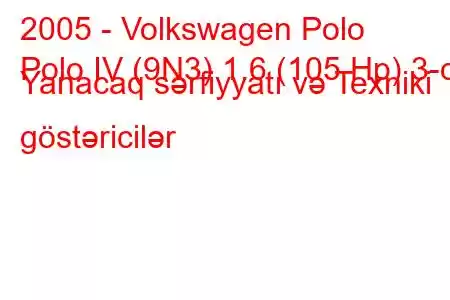 2005 - Volkswagen Polo
Polo IV (9N3) 1.6 (105 Hp) 3-d Yanacaq sərfiyyatı və Texniki göstəricilər