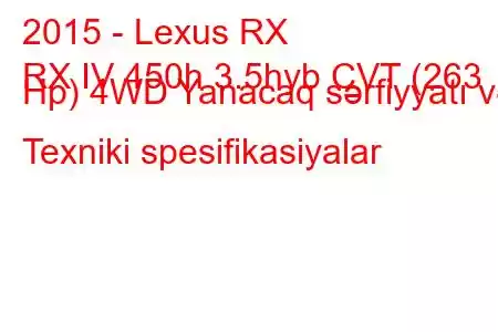 2015 - Lexus RX
RX IV 450h 3.5hyb CVT (263 Hp) 4WD Yanacaq sərfiyyatı və Texniki spesifikasiyalar