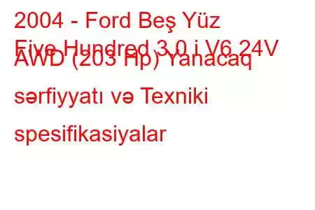 2004 - Ford Beş Yüz
Five Hundred 3.0 i V6 24V AWD (203 Hp) Yanacaq sərfiyyatı və Texniki spesifikasiyalar