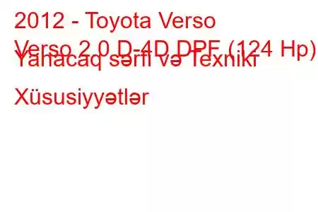 2012 - Toyota Verso
Verso 2.0 D-4D DPF (124 Hp) Yanacaq sərfi və Texniki Xüsusiyyətlər