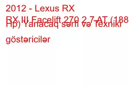 2012 - Lexus RX
RX III Facelift 270 2.7 AT (188 Hp) Yanacaq sərfi və Texniki göstəricilər