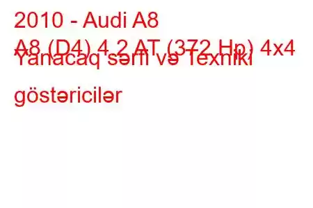 2010 - Audi A8
A8 (D4) 4.2 AT (372 Hp) 4x4 Yanacaq sərfi və Texniki göstəricilər