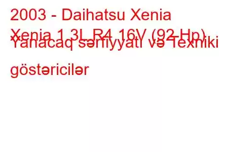 2003 - Daihatsu Xenia
Xenia 1.3L R4 16V (92 Hp) Yanacaq sərfiyyatı və Texniki göstəricilər