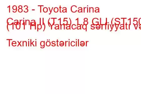 1983 - Toyota Carina
Carina II (T15) 1.8 GLI (ST150) (101 Hp) Yanacaq sərfiyyatı və Texniki göstəricilər