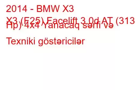 2014 - BMW X3
X3 (F25) Facelift 3.0d AT (313 Hp) 4x4 Yanacaq sərfi və Texniki göstəricilər